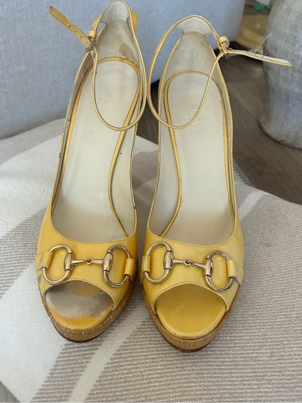 Gucci Yellow Leather Peep-Toe Ankle-Strap Heels with Gold Horsebit
